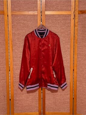 Red Satin Snap-Front Reversible Bomber Jacket